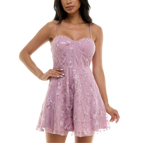 NWT Trixxi Juniors 3 Pink Embroidered mesh Corset Fit & Flare mini Dress cottage - Picture 1 of 12